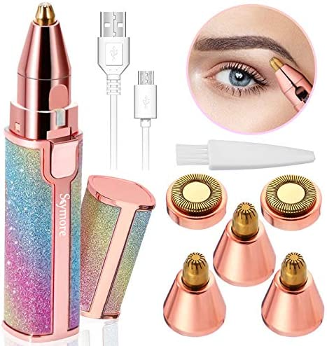 2 in 1 Electric Eyebrow Trimmer and Shaver, Rechargeable Hair Remover for All Parts Use in Pen Flawless Hair Remover Rechargeable Painless-Precision Eyebrow Trimmer and Eyebrow Razor Tool with LED Light for Face, Lips, Nose, Chin, Arm