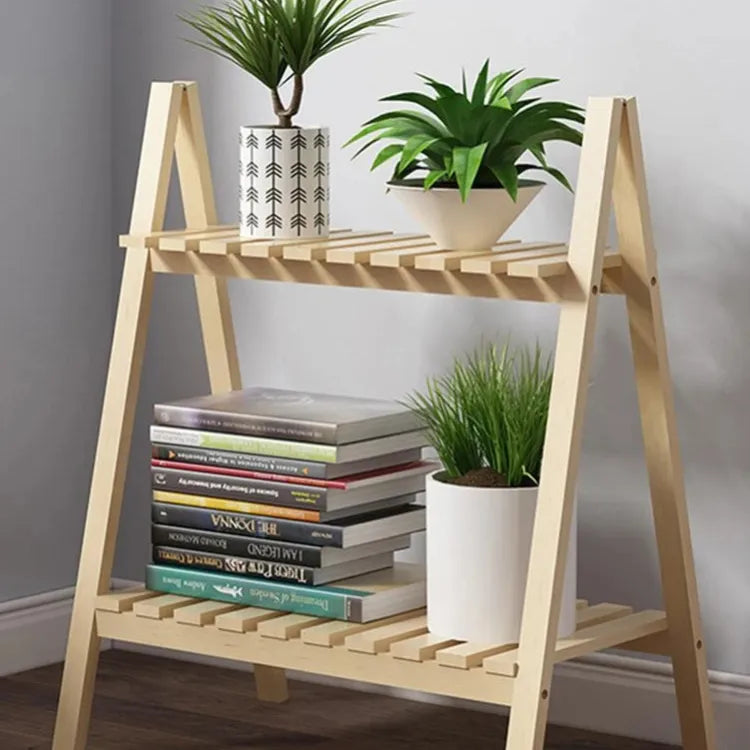 Wooden Plant Stand 2 Tier Foldable Flower Pot Display Shelf Rack Solid Wood Floor Two-layer Storage Balcony Folding Flower Stand