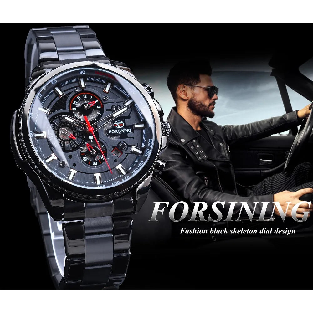 Forsining Three Dial Calendar Stainless Steel Men Mechanical Automatic Wrist Watches Top Brand Luxury Military Sport Male Clock