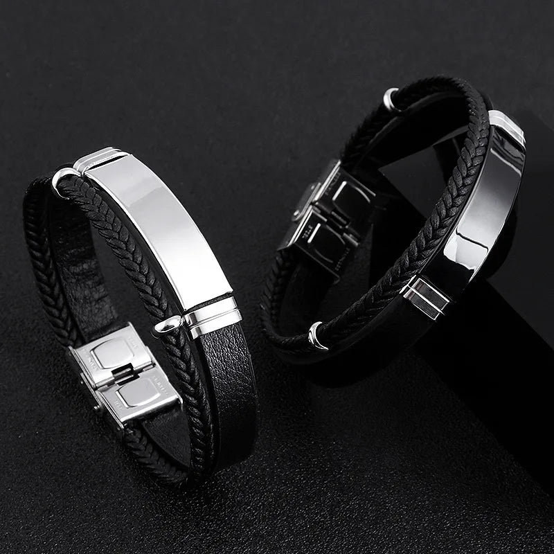 Custom Stainless Steel Bracelet Simple Casual Leather Woven Bracelet Engraved Titanium Leather Bracelet for Men Stainless Steel