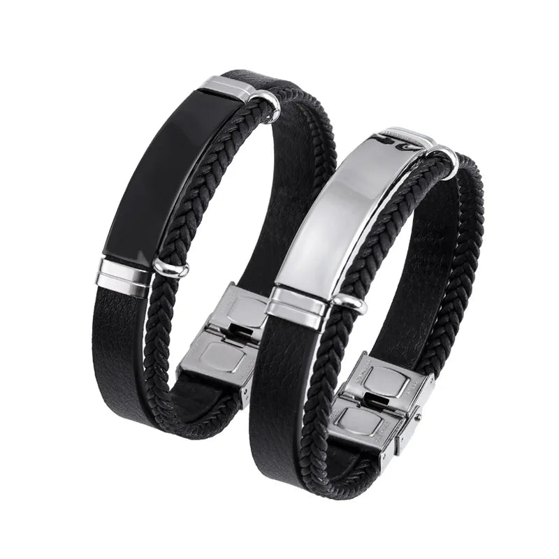 Custom Stainless Steel Bracelet Simple Casual Leather Woven Bracelet Engraved Titanium Leather Bracelet for Men Stainless Steel