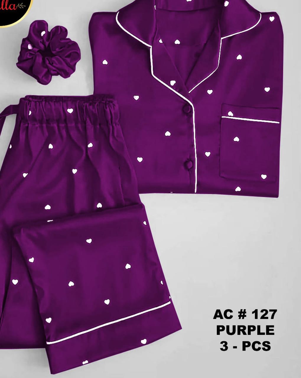 Royal Night dress for Girls 3Pcs - Silk Nighty for Girls - Nighty - Ladies Silk Night Suit Printed With Free Hair Nod