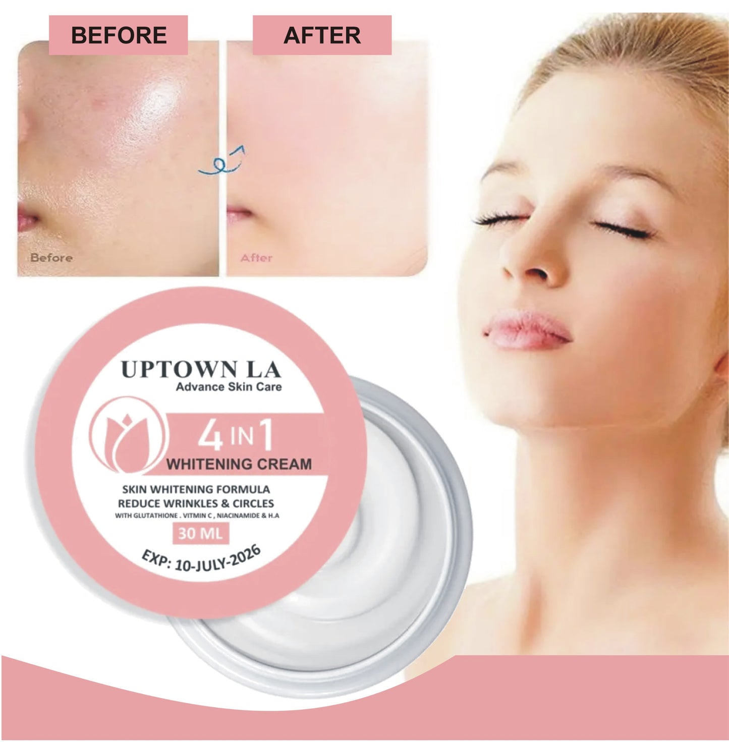 UPTOWN LA 4 IN 1 WHITENING CREAM ADVANCE SKIN FORMULA FOR WHITENING WITH GLUTATHIONE VITAMIN C NIACINAMIDE H.A 30 ML