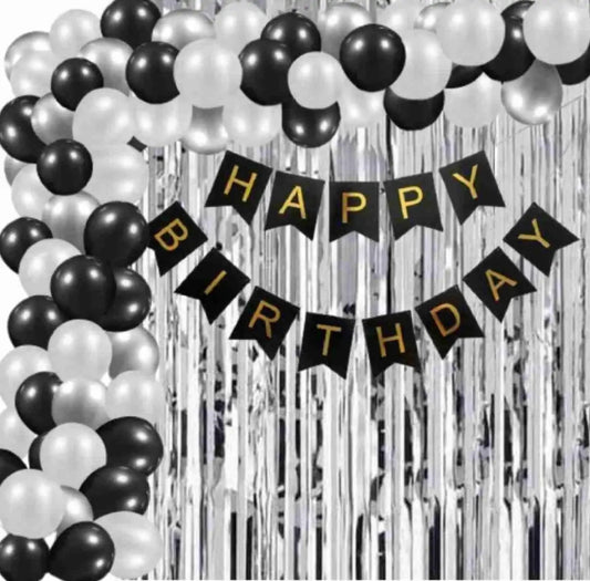 Happy Birthday Decoration Set Theme Including 30 Balloons ( 10 Blue 10 White 10 Silver) 4 confetti Balloons Blue Happy Birthday Banner or Silver Foil Curtain